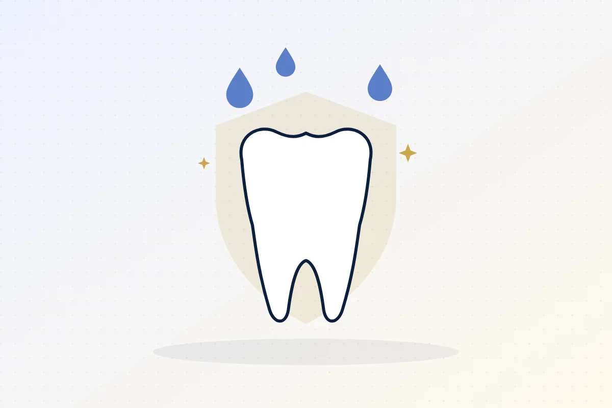 Illustration of a tooth protected by a shield with fluoride drops
